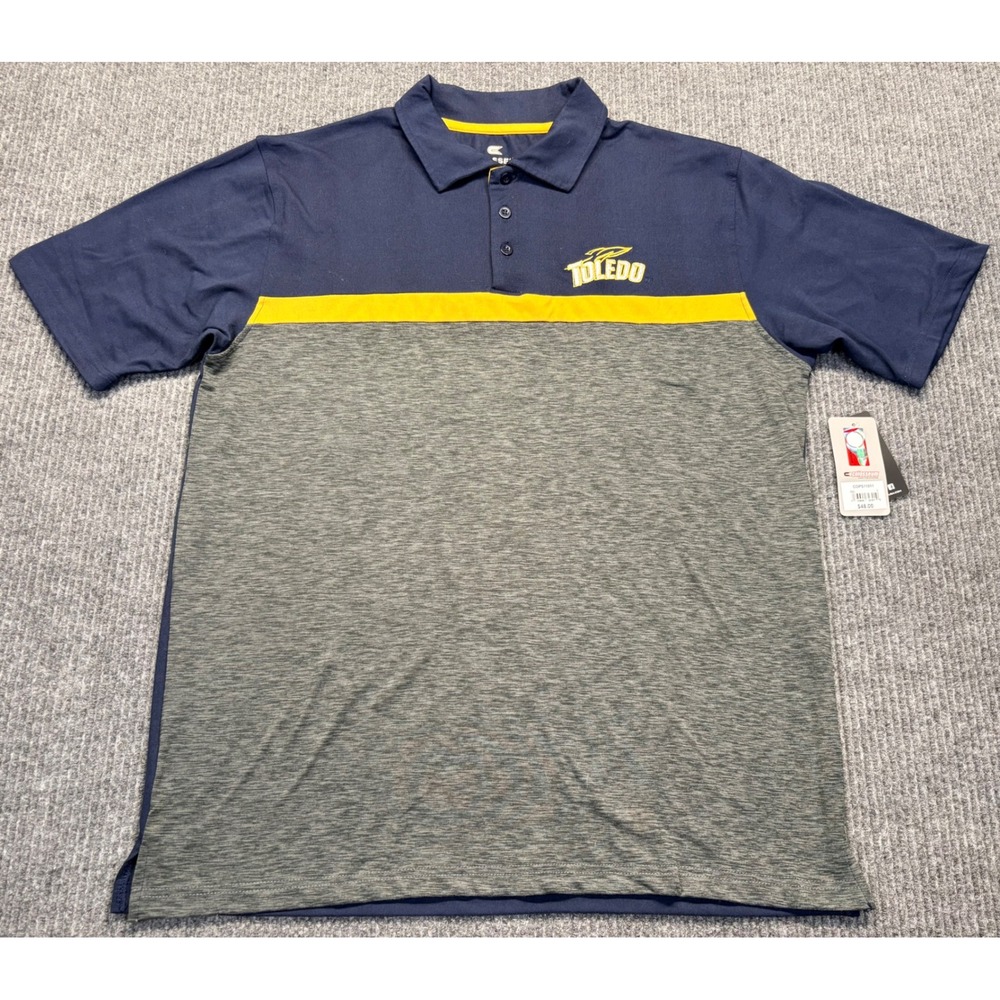 Colosseum Toledo Rockets Mens Large Polo Shirt Navy Grey Yellow COPS11011 NWT
